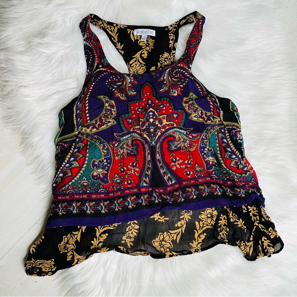 3x$25 Patrons of Peace Criss Cross Open Back Racerback Loose Tank Top, L